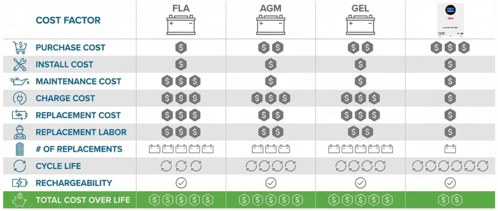 Cost comparison chart showing FLA, AGM, GEL, and Lithium battery types for various cost factors like purchase, install, and maintenance.