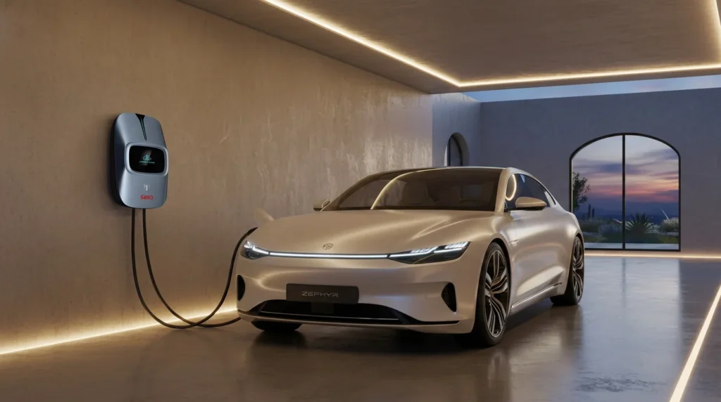 White electric car labeled Zephyr parked in modern garage connected to a wall-mounted SAKO charging unit, with sunset view through the window.