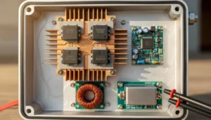 Close-up view of electronic component housing showing circuit board, heat sinks, inductor coil, and probes connected inside an inverter.