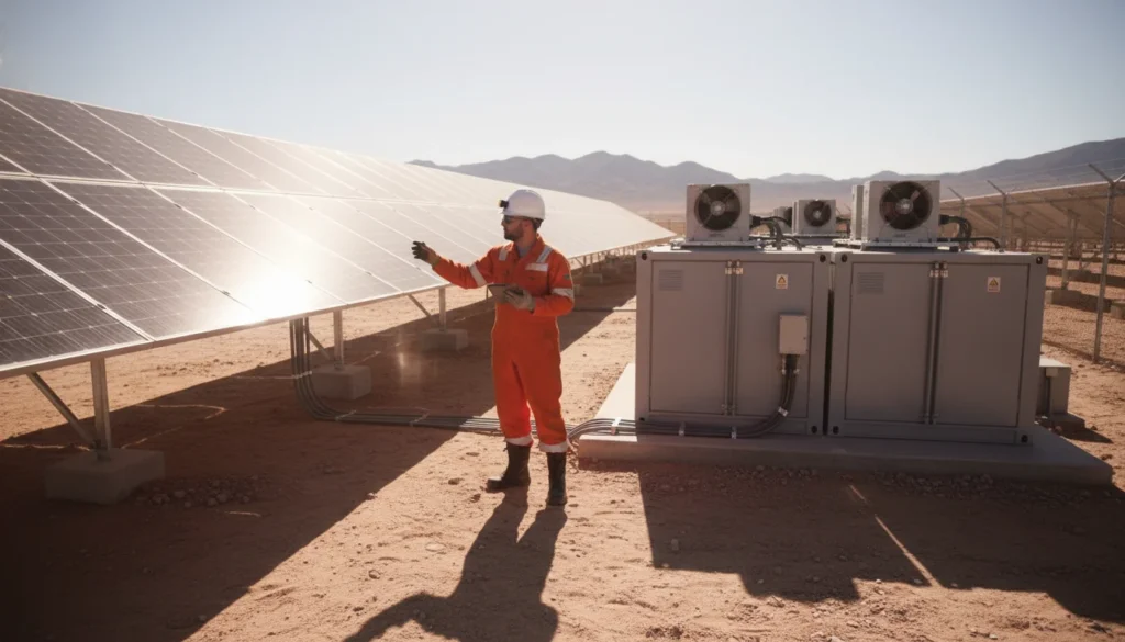Engineer in orange suit inspecting solar panels next to equipment in a desert landscape.
