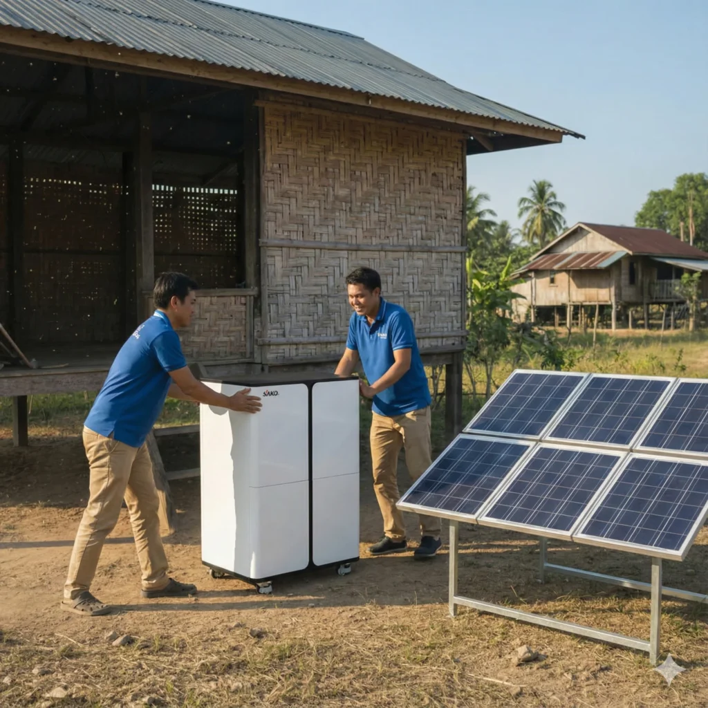 Two workers in blue shirts position SAKO energy storage unit beside solar panels near traditional building in rural area.