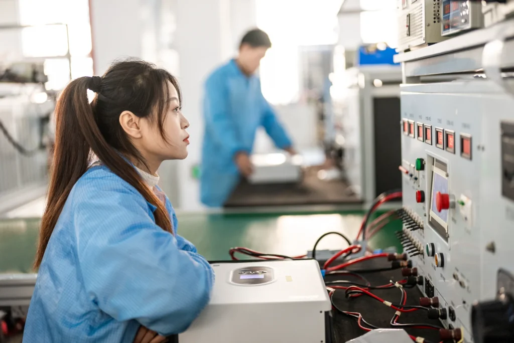 Female technician in blue lab coat tests a solar inverter at a laboratory workstation with equipment in the background.