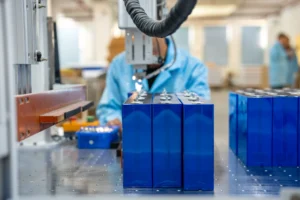 Laser welding of lithium battery cells on the production line at the Tedepe factory.