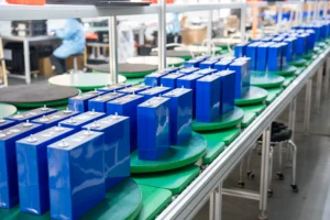 Rows of blue lithium batteries on a production line in a factory setting, highlighting the manufacturing process.