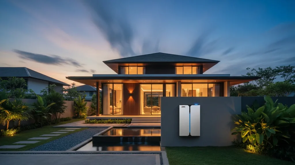 Modern two-story house at dusk with a SAKO energy storage system mounted on an exterior wall, surrounded by a landscaped garden.