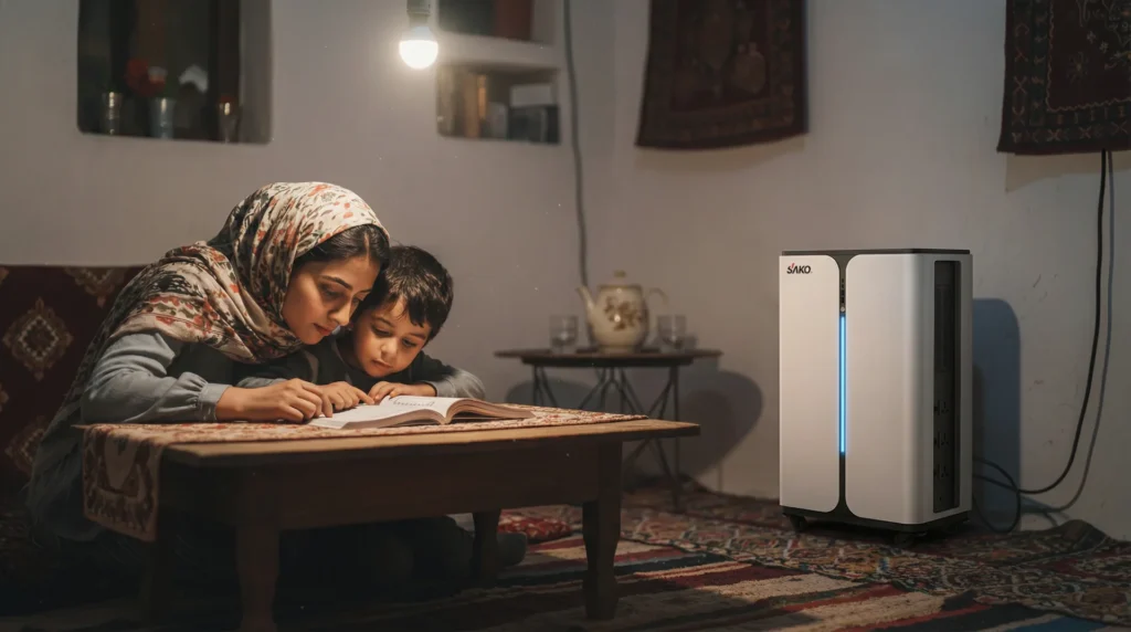 Sako branded energy storage system providing light in a cozy room with carpet and table, enhancing warm ambiance.