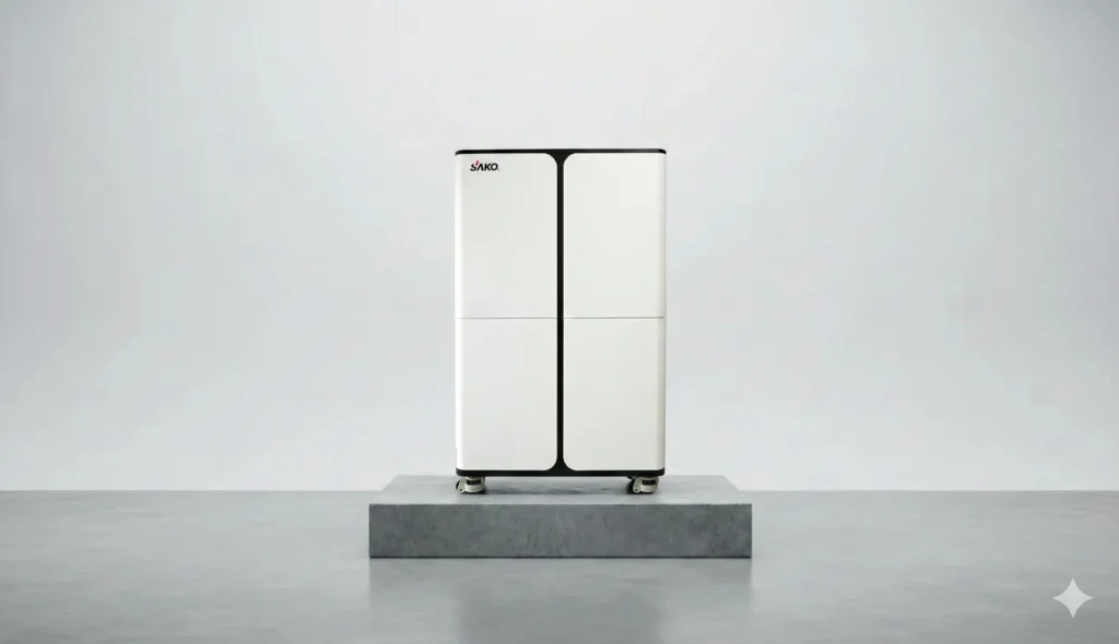 SAKO-branded energy storage system showcasing sleek, modern design with white panels, elevated on a platform against a neutral background.
