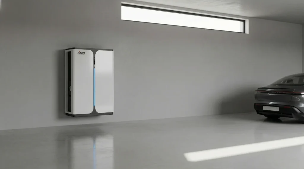 SAKO energy storage system mounted on a garage wall with a parked car nearby, showcasing modern design and functionality.