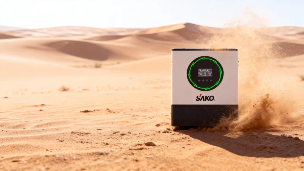 SAKO energy storage system with glowing green display placed on sandy desert terrain, showcasing durability and adaptability.