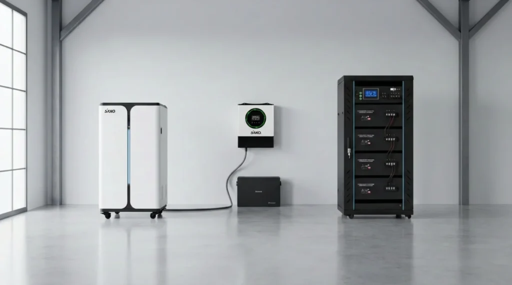 SAKO energy storage systems including a solar inverter, lithium battery, and all-in-one unit displayed in a modern interior setting.