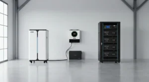 SAKO energy storage systems including a solar inverter, lithium battery, and all-in-one unit displayed in a modern interior setting.