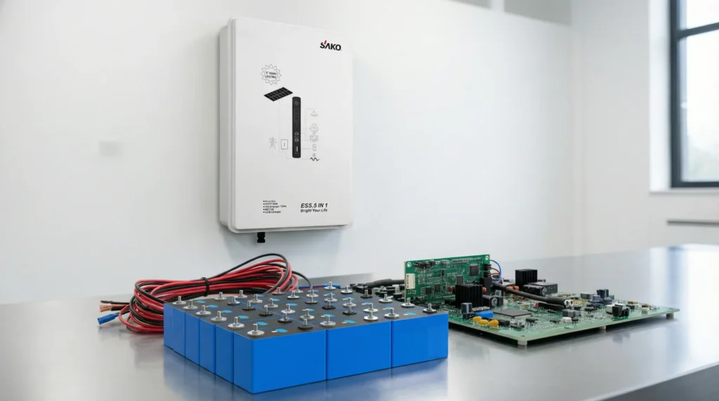 SAKO ESS 5-in-1 energy storage system and battery components on a table, showcasing power conversion technology.