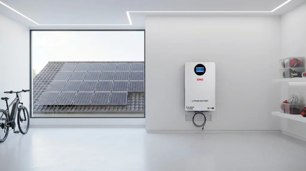 SAKO lithium battery unit mounted indoors with view of solar panels on roof through a large window, next to a bicycle and storage shelves.