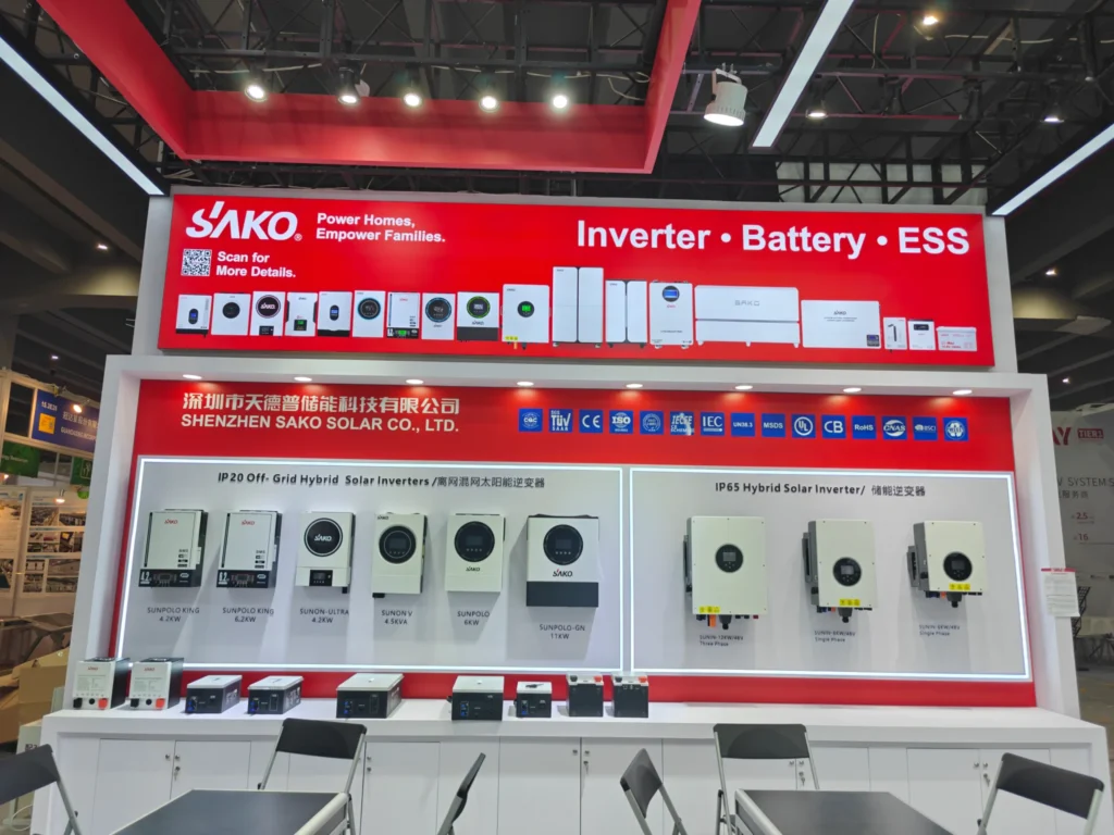 SAKO exhibition booth featuring solar inverters with branded display panels and product information.