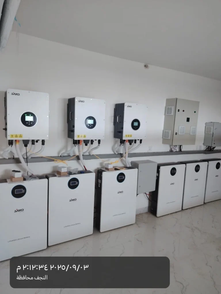 SAKO solar inverters mounted on wall above SAKO lithium energy storage batteries in a neat configuration indoors.