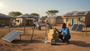 Rural village scene displaying solar panels on ground and rooftops, energy storage boxes, and a man engaging with the solar equipment.