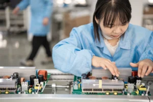 A technician in blue workwear carefully assembles components on a circuit board in a factory setting, focusing on precision assembly.