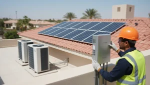 Technician in safety gear inspecting a solar inverter on a rooftop with solar panels in sunny environment.