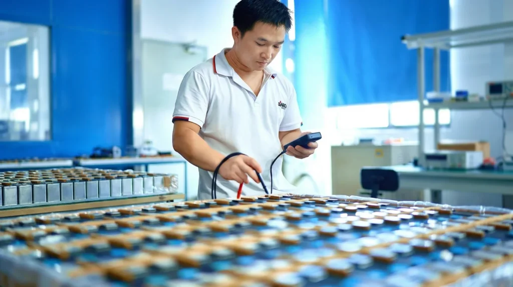 Technician in white SAKO shirt testing lithium batteries with a handheld device in a factory setting. Focus on battery array.