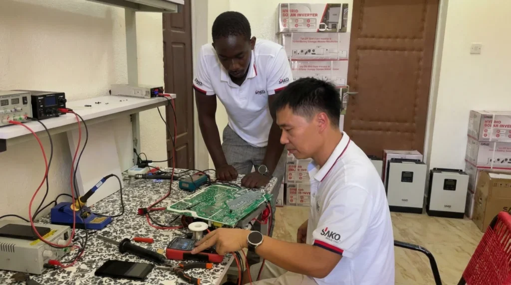 Two technicians working on electronic equipment with SAKO branding, troubleshooting a circuit board in a workshop setting.
