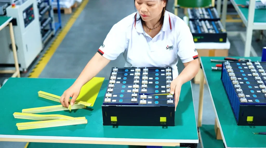 Woman in a SAKO uniform assembling a large lithium battery on a green table with tools around.